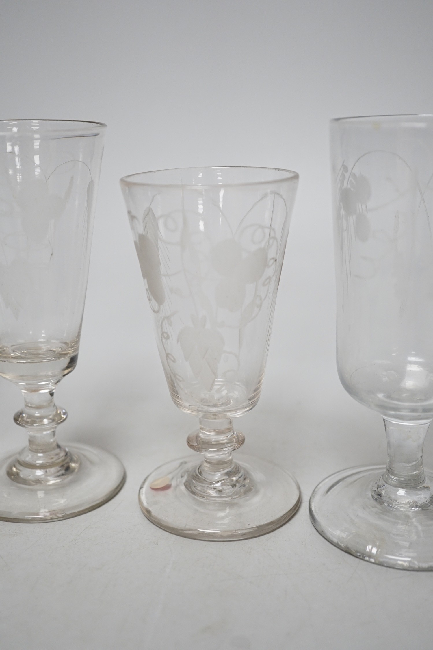 Six Georgian ale glasses, four with wheel engraved bowls. Tallest 15cm